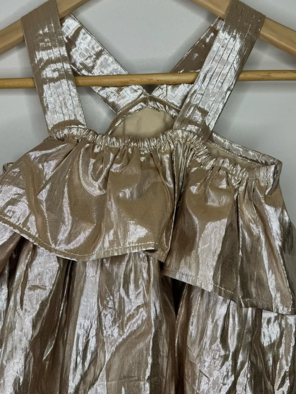 J CREW Crewcuts Collection tiered rosette dress gold lamé Girls 7 Metallic EUC